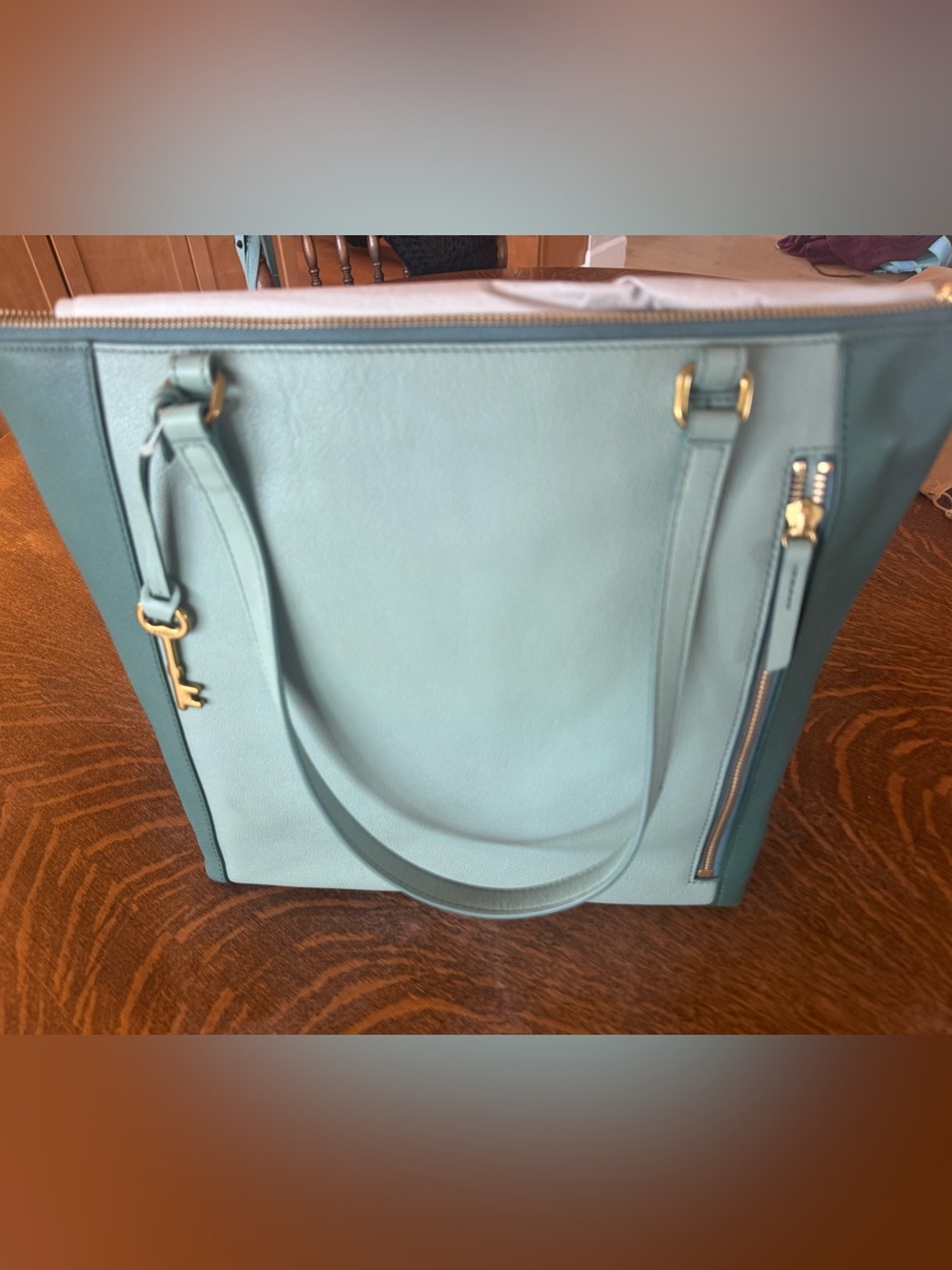 NWT Fossil Balsam Green "Tara Shopper"  Bag with Gold Key Charm - Bags/Purses